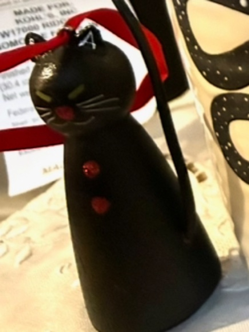 Handpainted Scandinavian folk art black wooden Cat Ornament signed
